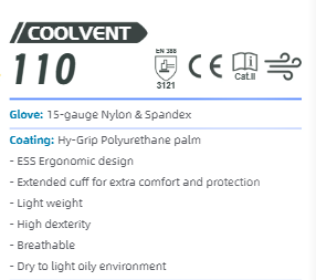 EPP 110: COOLVENT 15 Guage breathable PU coating Gloves